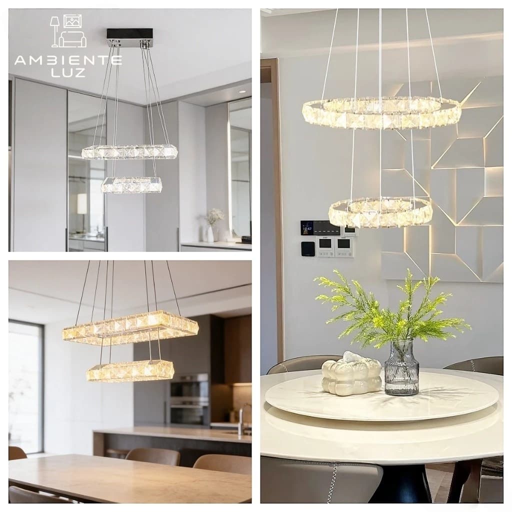 Lustre de Cristal Moderno LED Anéis Suspensos Duplos Sala Jantar Luxo Pendente Cristal 3 Cores Em 1