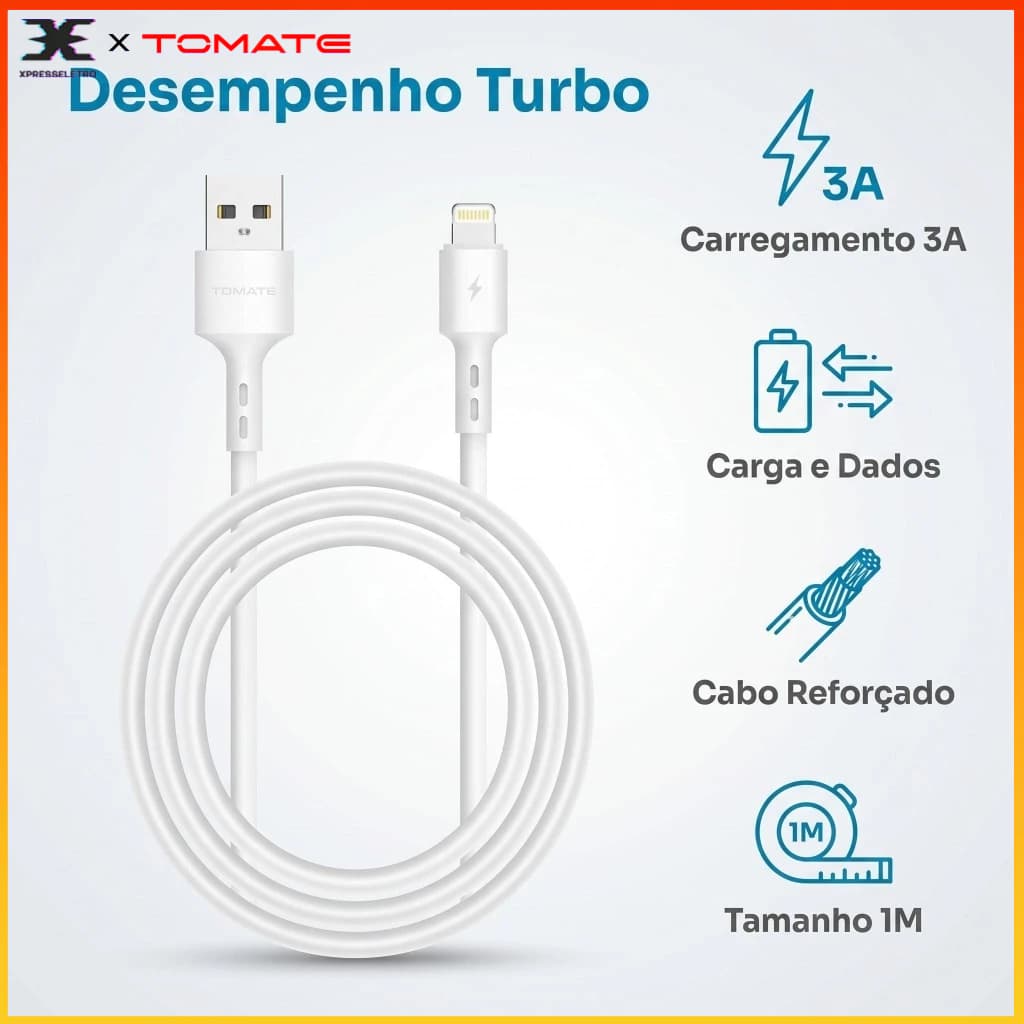 Cabo USB para iPhone Lightning 1M Turbo 3A Carregamento Rápido Dados Alta Resistência Compatível iphone