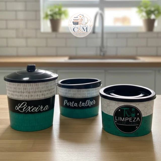 Kit de 3 Peças - Pia de Cozinha - Plástico  (Lixeira 2,8L -Porta talheres e Organizador multiuso)