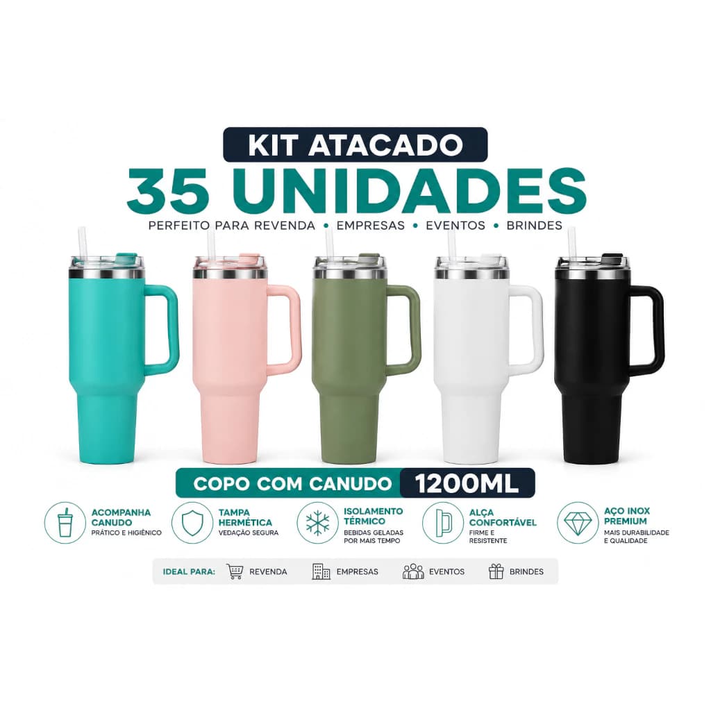 KIT 35 unidades Copo garrafa Térmica Inox 1200ml Parede Dupla tampa Canudo Premium