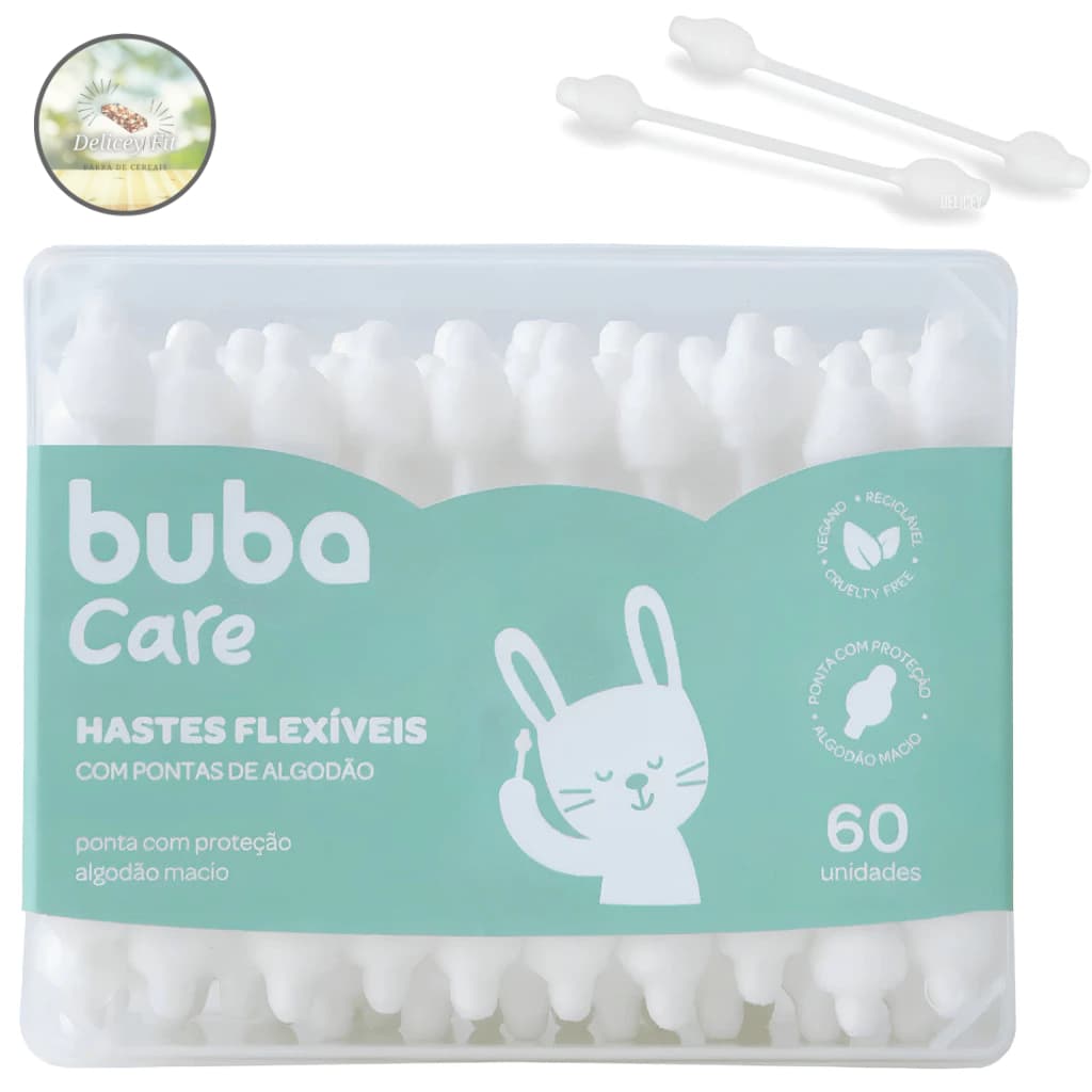 Kit 60 Cotonetes Hastes Flexíveis Buba Baby Infantil Bebê Ponta Algodão Macio Absorvente Proteção