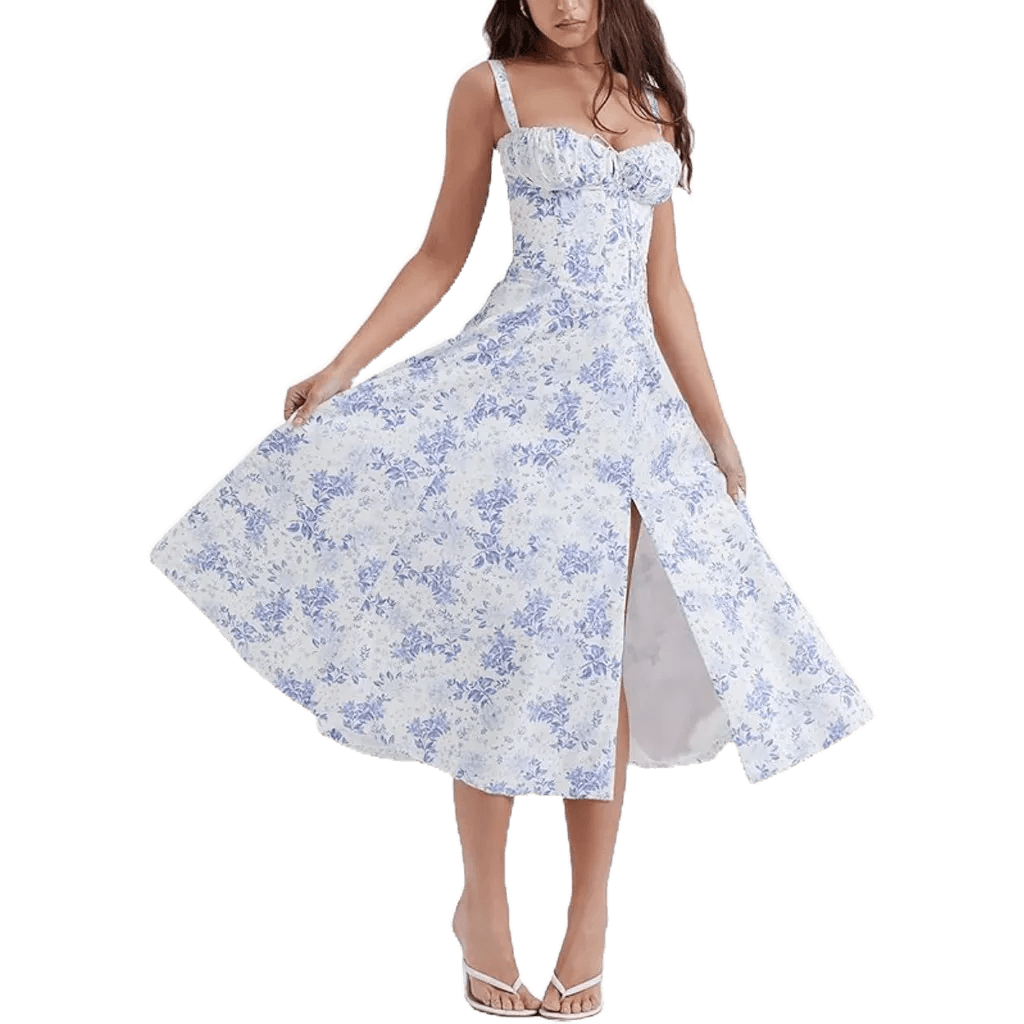 Branco e Azul - G - Vestido midi flor alça fina