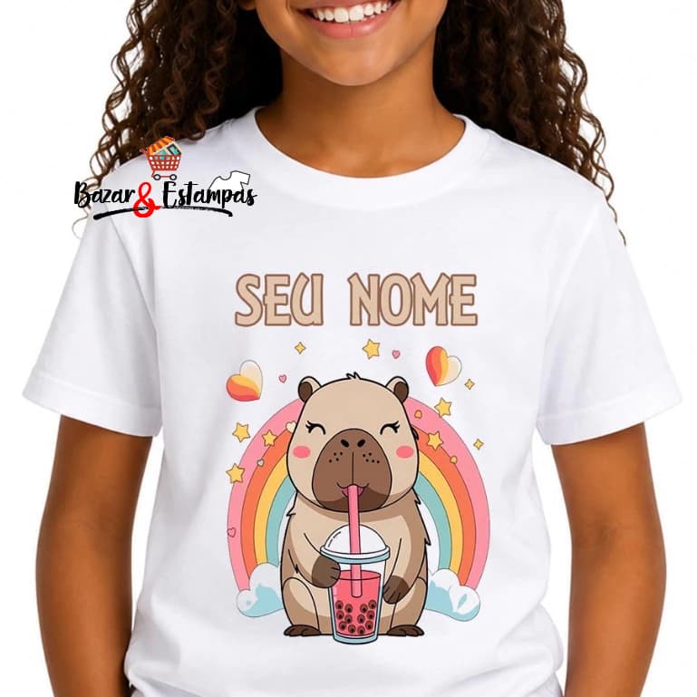 1 Camiseta Capivara Trend Viral Arco Ires com Seu Nome Estampado Personalizada Inf Nome Via Chat