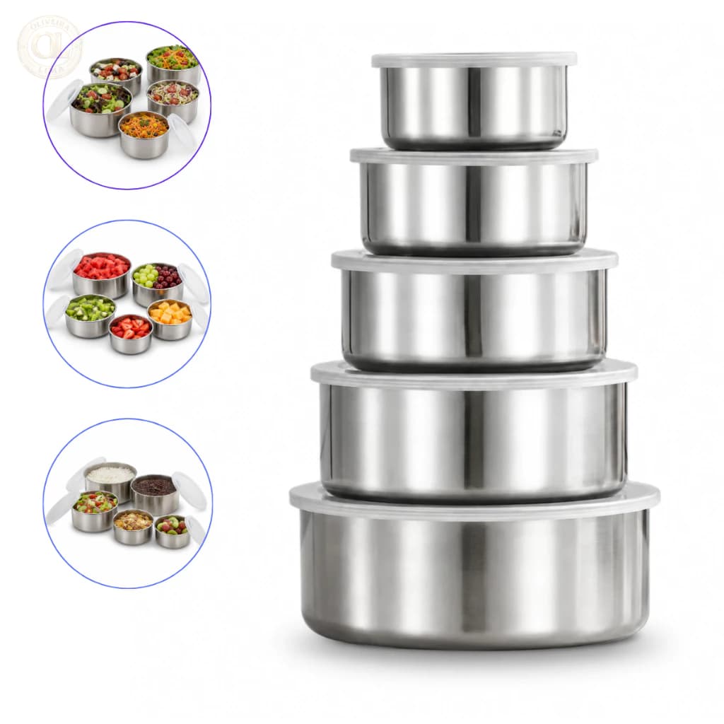 Kit 5 Tigelas Inox Com Tampa Potes Redondos 250ml a 1200ml Jogo de Pote Hermético Cozinha