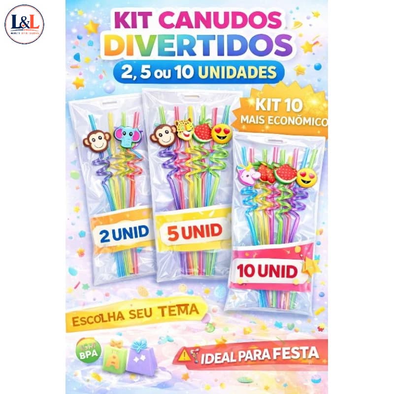 Kit Canudos Divertidos Infantil 2, 5 ou 10 Unidades | Animais Unicórnio Emoji | Reutilizável Festa Lembrancinha