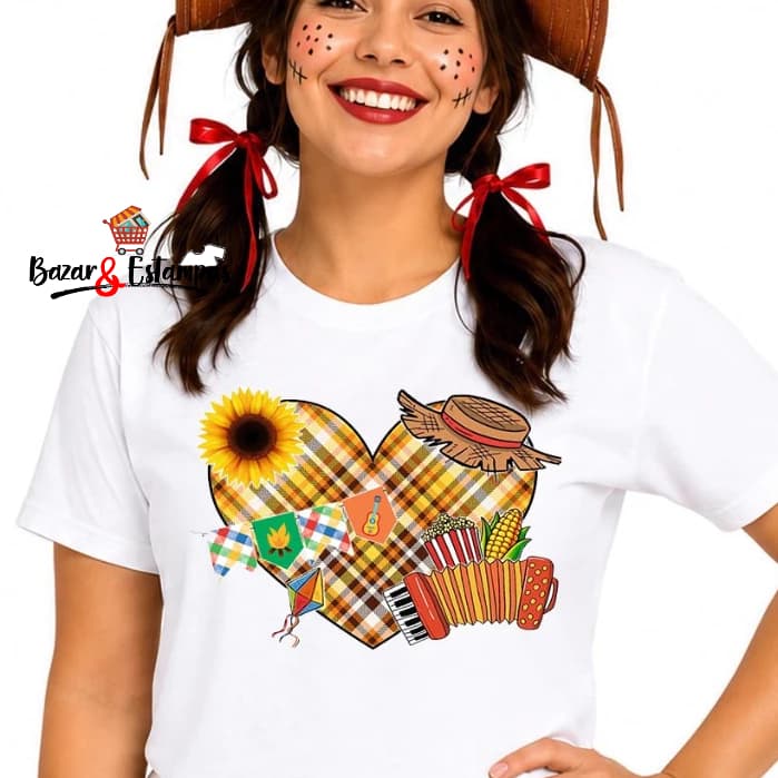 1 Camiseta Arraiá Coração de Xadrez Amarelo Marrom Festa Junina São João Quadriculado