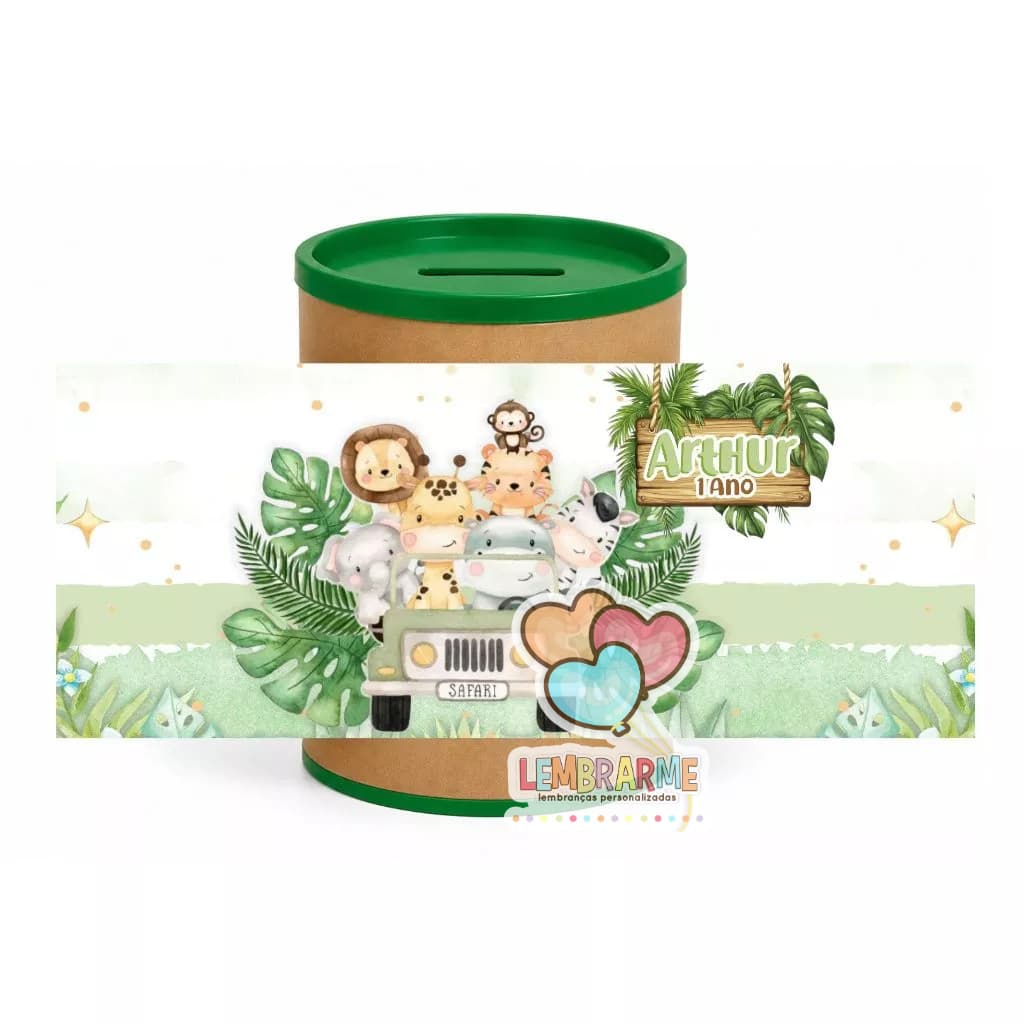Kit Rótulo Cofrinho Personalizado Safari para Lembrancinha de Aniversário