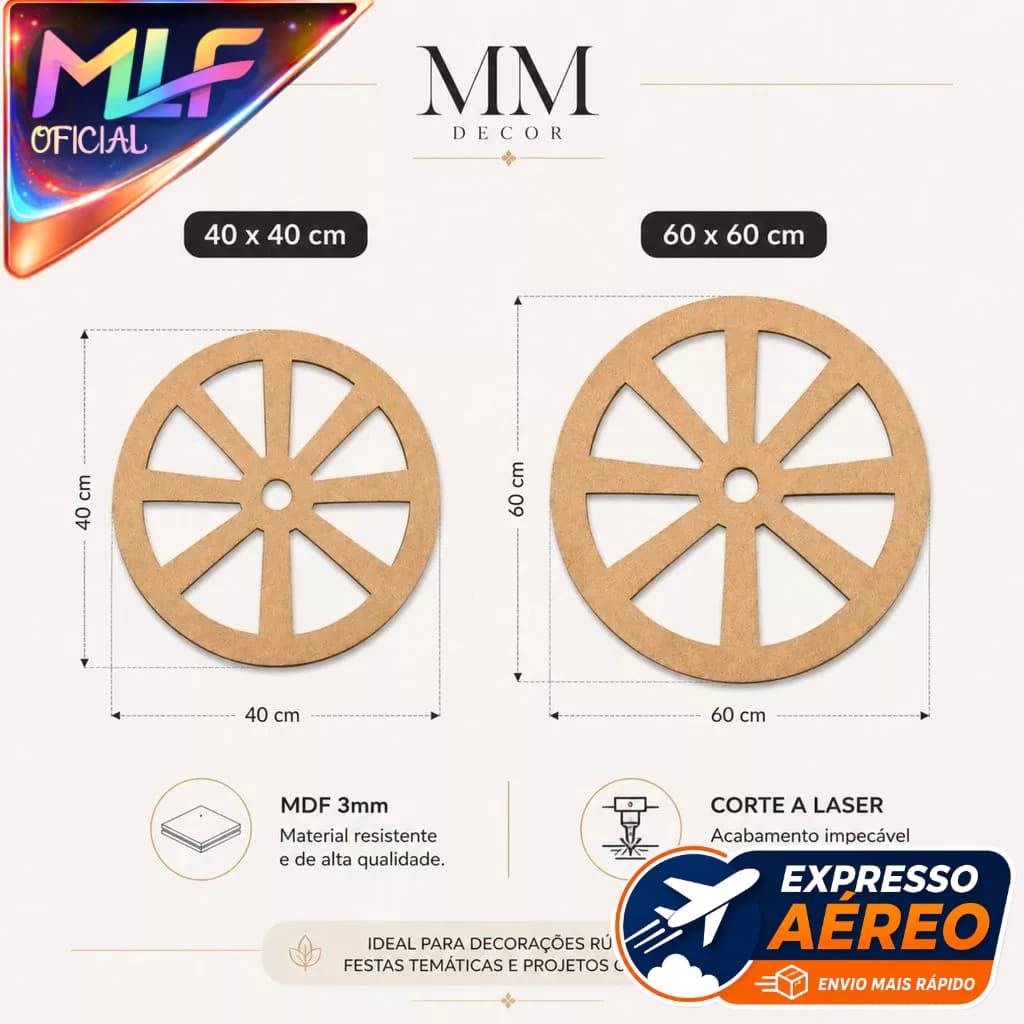 Roda De Carroça MDF Cru Decorativa 40cm Ou 60cm Painel De Festa