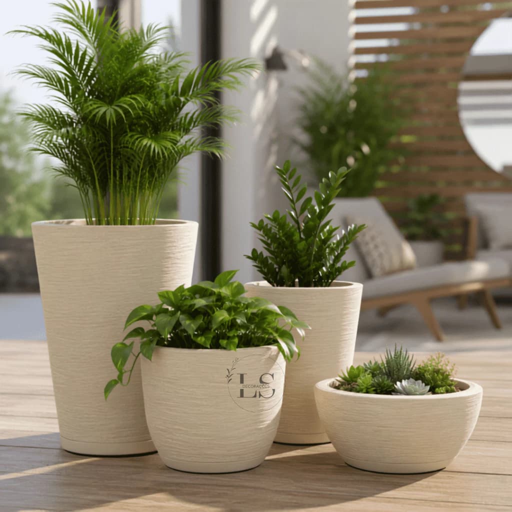 Kit 4 Vasos para Plantas Escovados Polietileno Coluna N°1 N°2 + Bojo N°1 + Bacia N°1 com Pratos