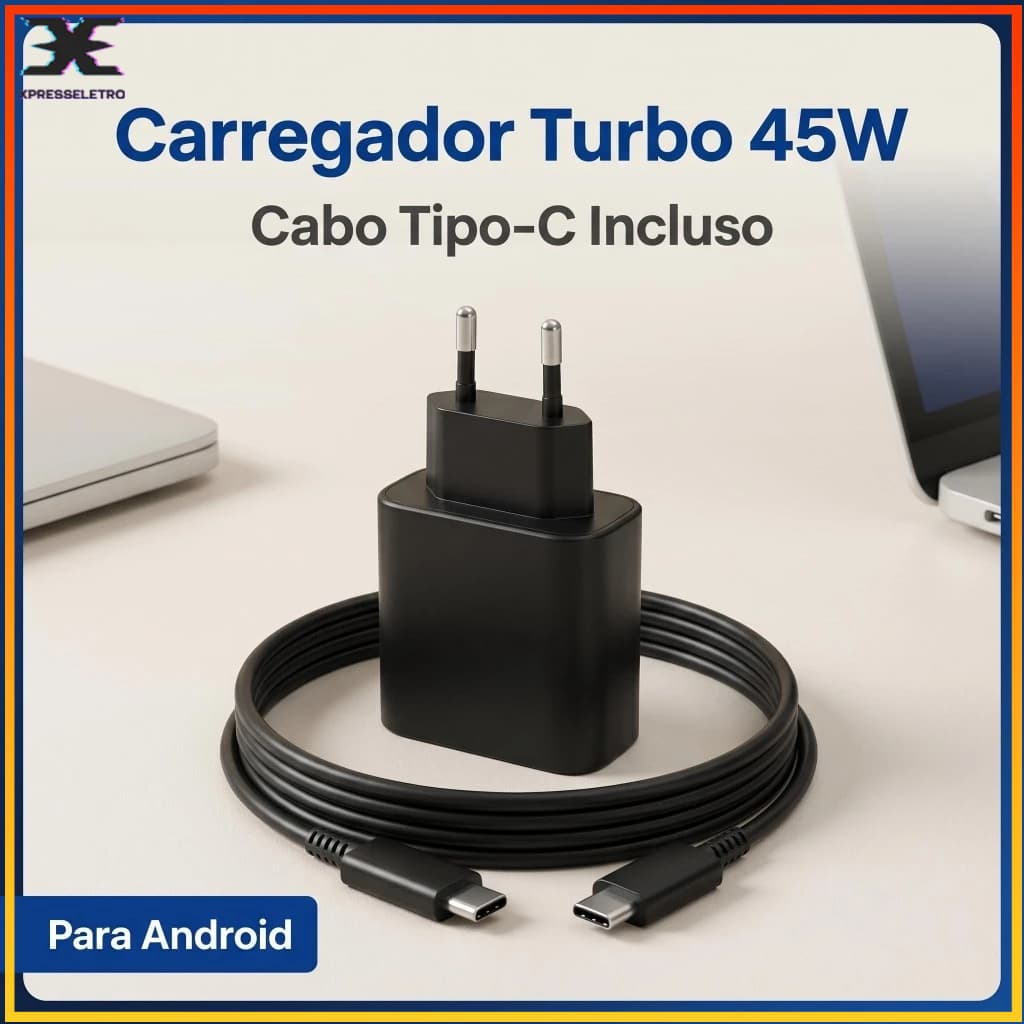 Carregador Turbo 45W USB-C com Cabo Tipo-C 1M Super Rápido para Android galaxy