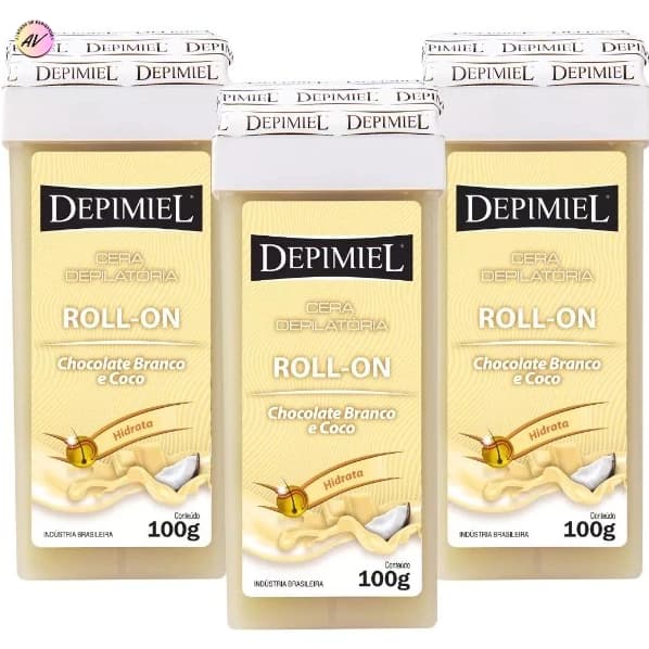 Kit com 3 Cera Depilatória Roll- On Chocolate Branco e Coco 100g - Depimiel