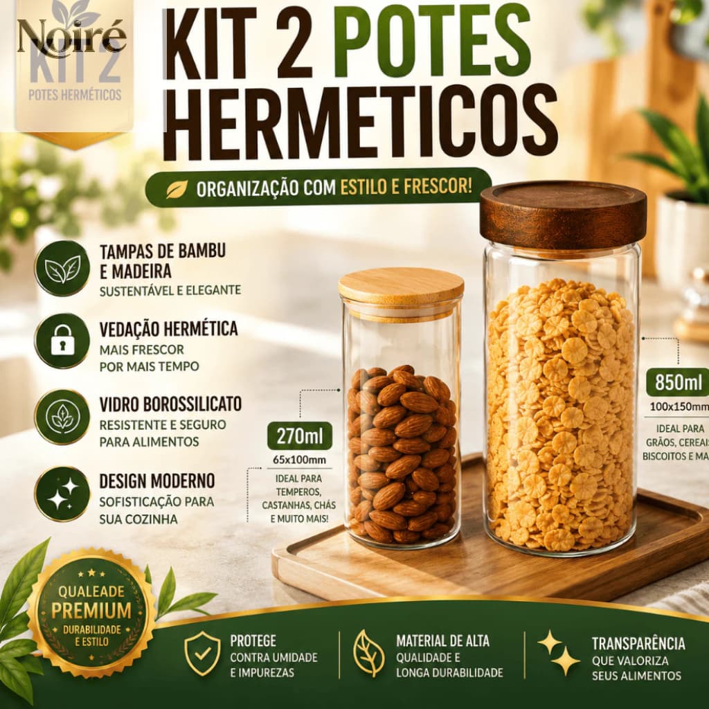 Kit potes de vidro com tampa de bambu herméticos para mantimentos empilháveis