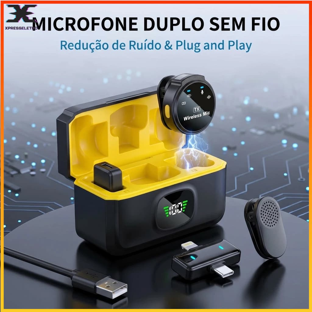 Microfone de Lapela Bluetooth Sem Fio  Duplo para Android e iOS Display Digital Áudio HD para Vídeos