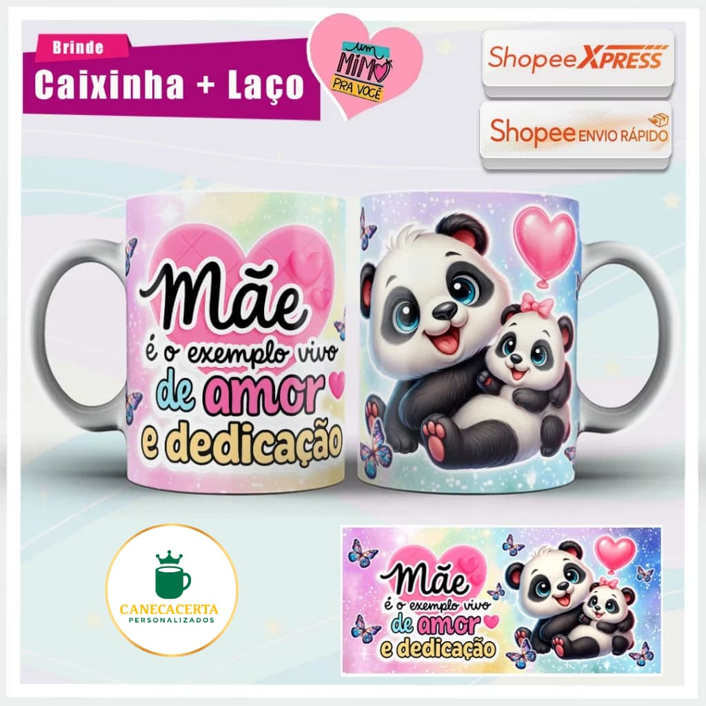 Caneca Pandas Mãe Exemplo Vivo De Amor E Dedicação Presente Com Caixa E Laço Cerâmica 325ml