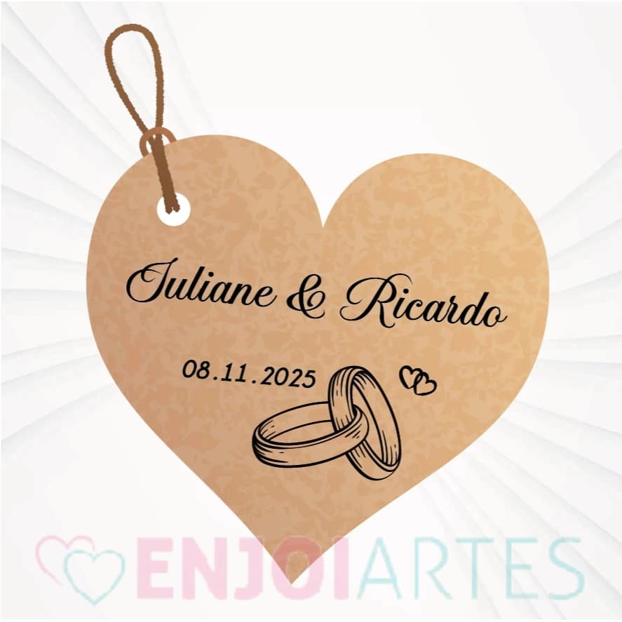 Tag Coração Personalizada 3,5 cm  - Para Casamento, Noivado, Chá de Panela e outros - Vários modelos - Inclui cordinha