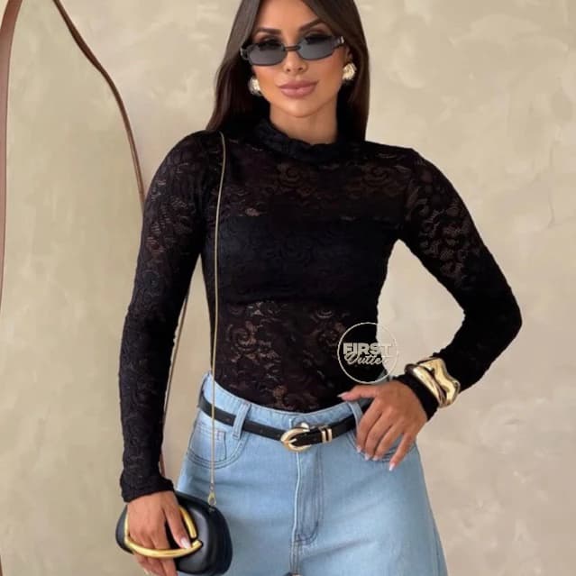 Bory Feminino Renda Floral manga longa transparente tendência inverno 2026 gola alta Elegante Casul bori