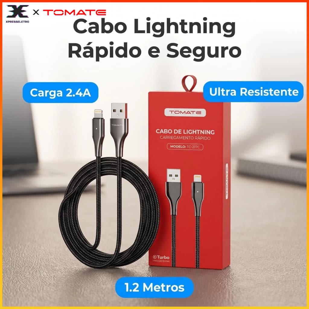 Cabo Lightning 1.2m 2.4A Carregamento Rápido USB Reforçado Alta Durabilidade Compatível iphone