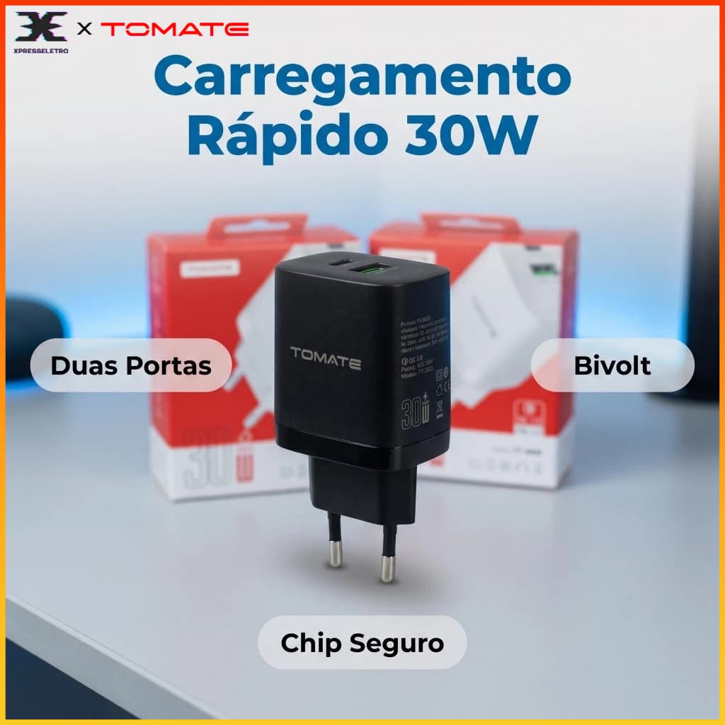Carregador Turbo 30W USB + Tipo-C Duplo Carregamento Rápido Bivolt Universal Portátil