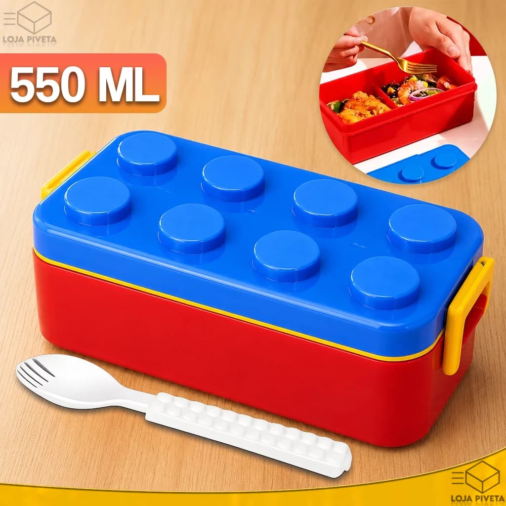 Lancheira Infantil "Lego" Marmita 550ml Bento Box Com Colher Blocos Divertidos Kids Escola Creche
