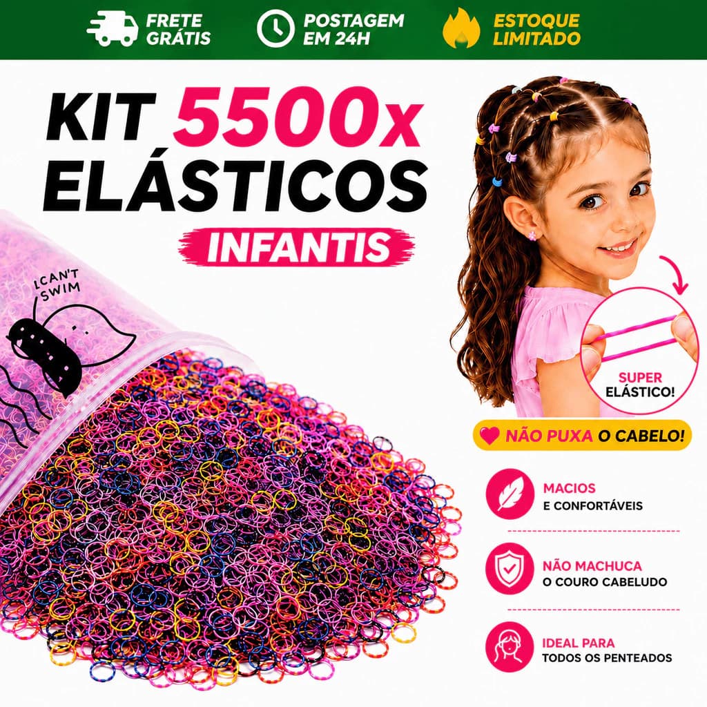 Kit 5500 Unidades Elástico de Cabelo Infantil Feminino Multicolorido com Bolsa Pronta Entrega 24h