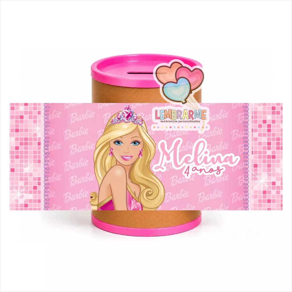 Kit Rótulo Cofrinho Personalizado Barbiiie para Lembrancinha de Aniversário