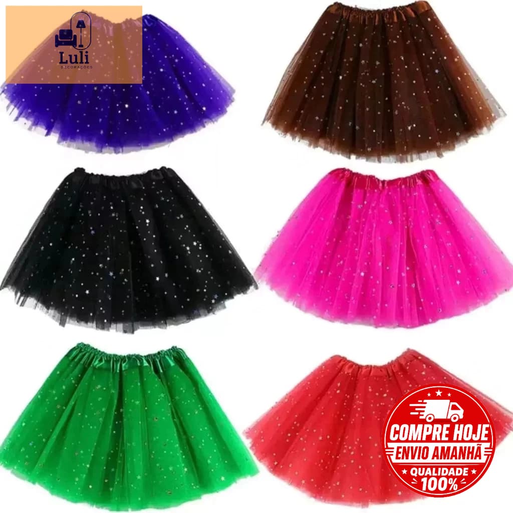 Saia Tule Tutu Brilho Colorido 30cm Ballet Carnaval Dança Festa Fantasia Menina - SQX001101