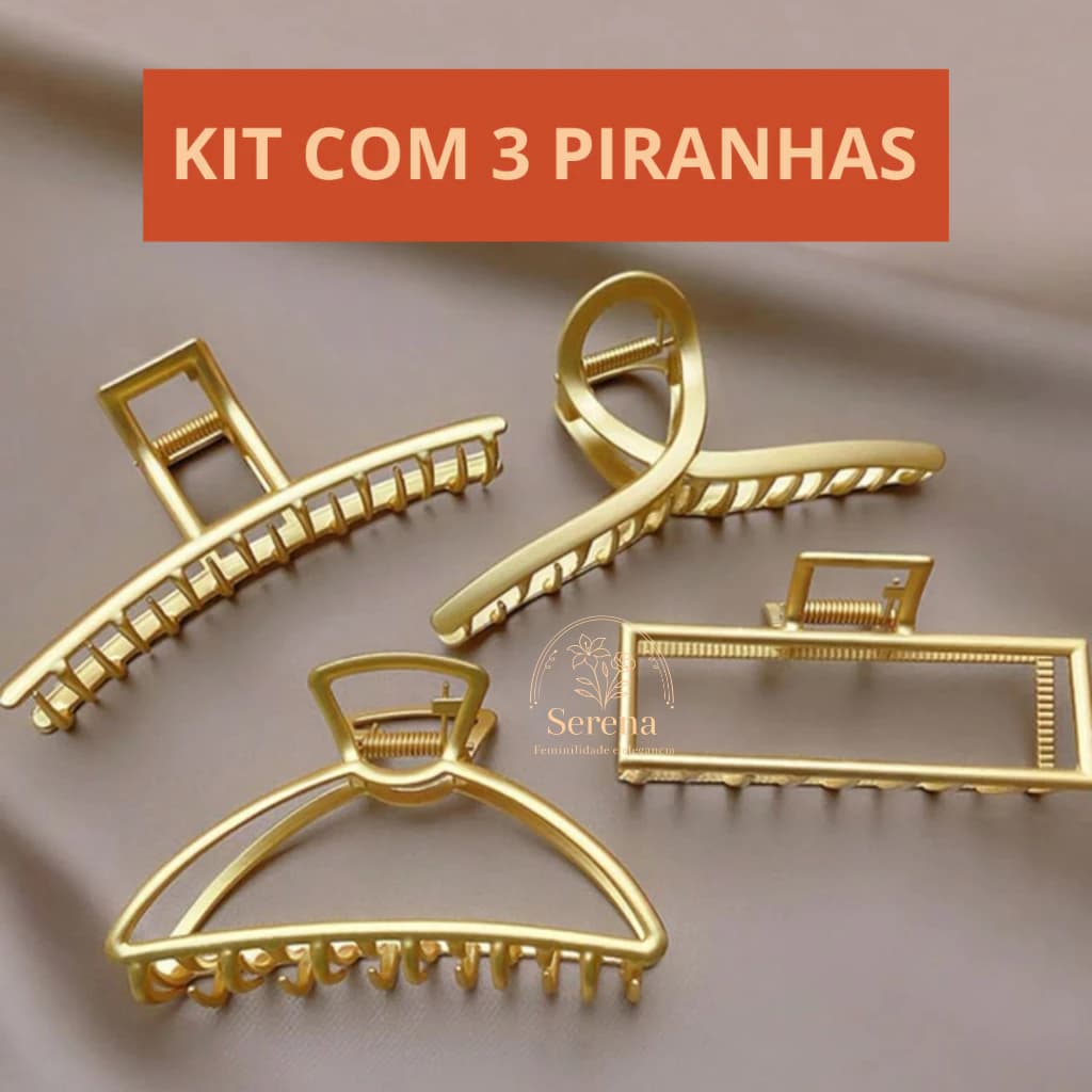 Kit Com 3 Piranha Dourada Metal Vários Modelos Presilha Acessório Cabelo Liso Cacheado Média 7cm
