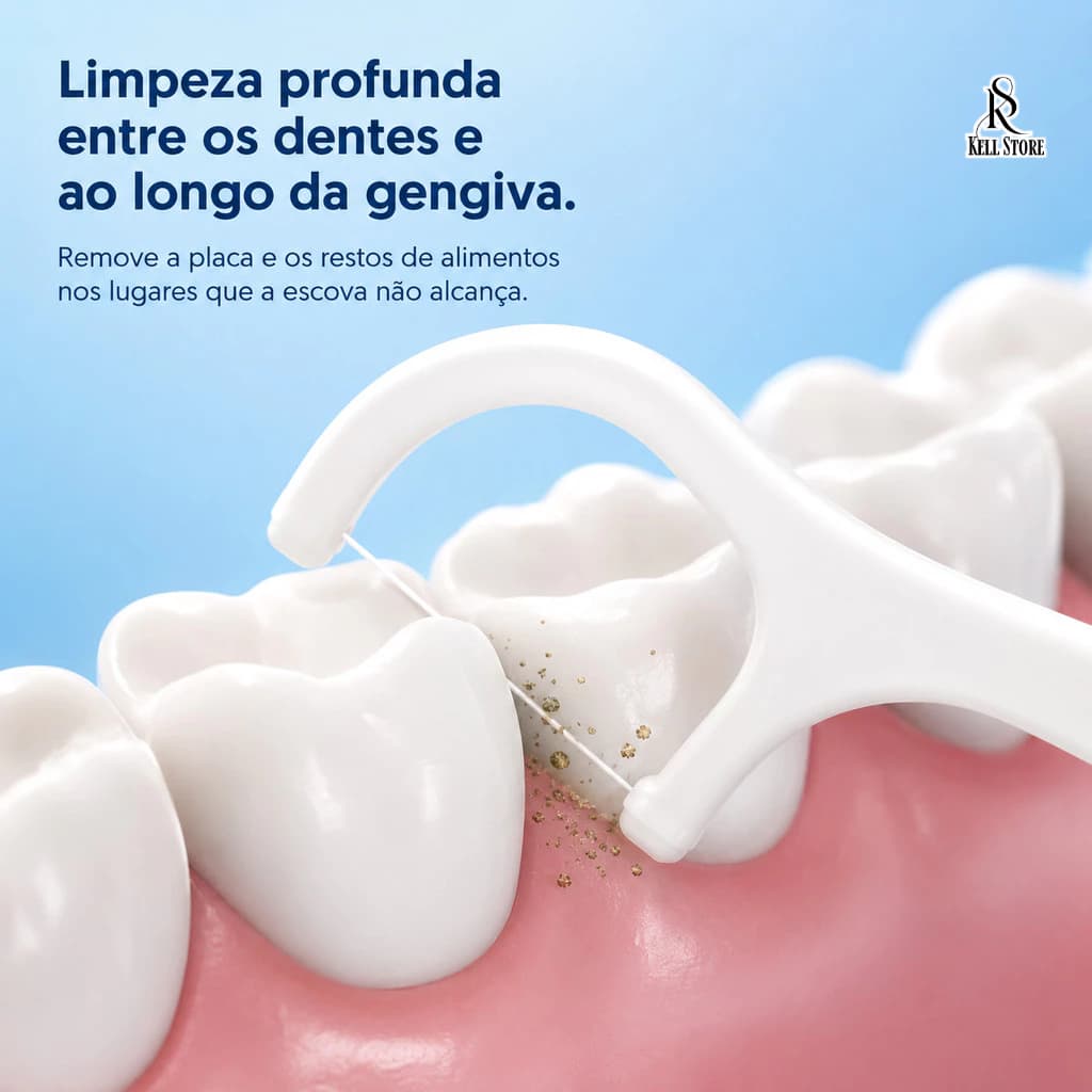 Kit 50 Fio Dental Flosser Com Palito Higiênico Limpeza Bucal Portátil 2 Em 1 Previne Tártaro Aparelho Dente