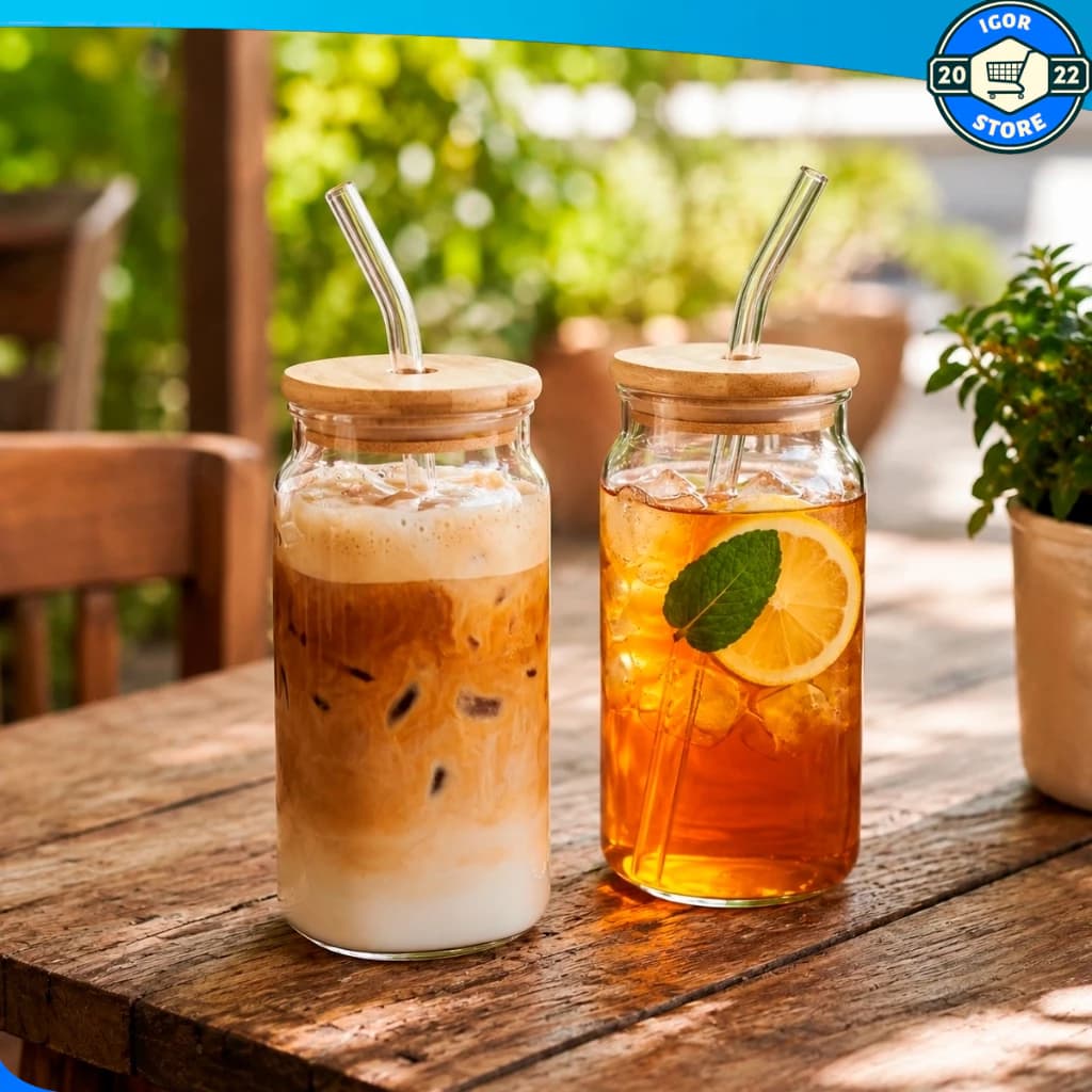 Conjunto Copos De Vidro Com Tampa De Bambu 500ML Para Cozinha Prático Multiuso Universal