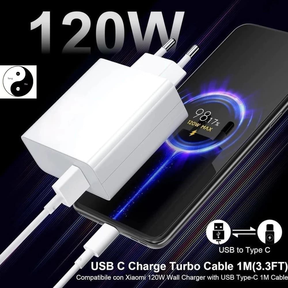 Carregador rápido de 120W 67W com 6A USB C cabo 1M Turbo Charge