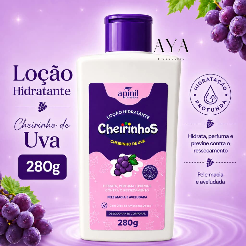 Loção Hidratante Corporal Cheirinhos Uva 280g Hidratação Profunda - Apinil