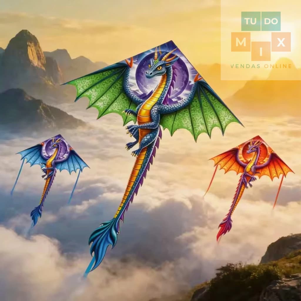 Pipa Chinesa Formato de Dragão Tamanho Gigante Tema Dragões Feitas com Varetas de Fibra e Tecido Poliester