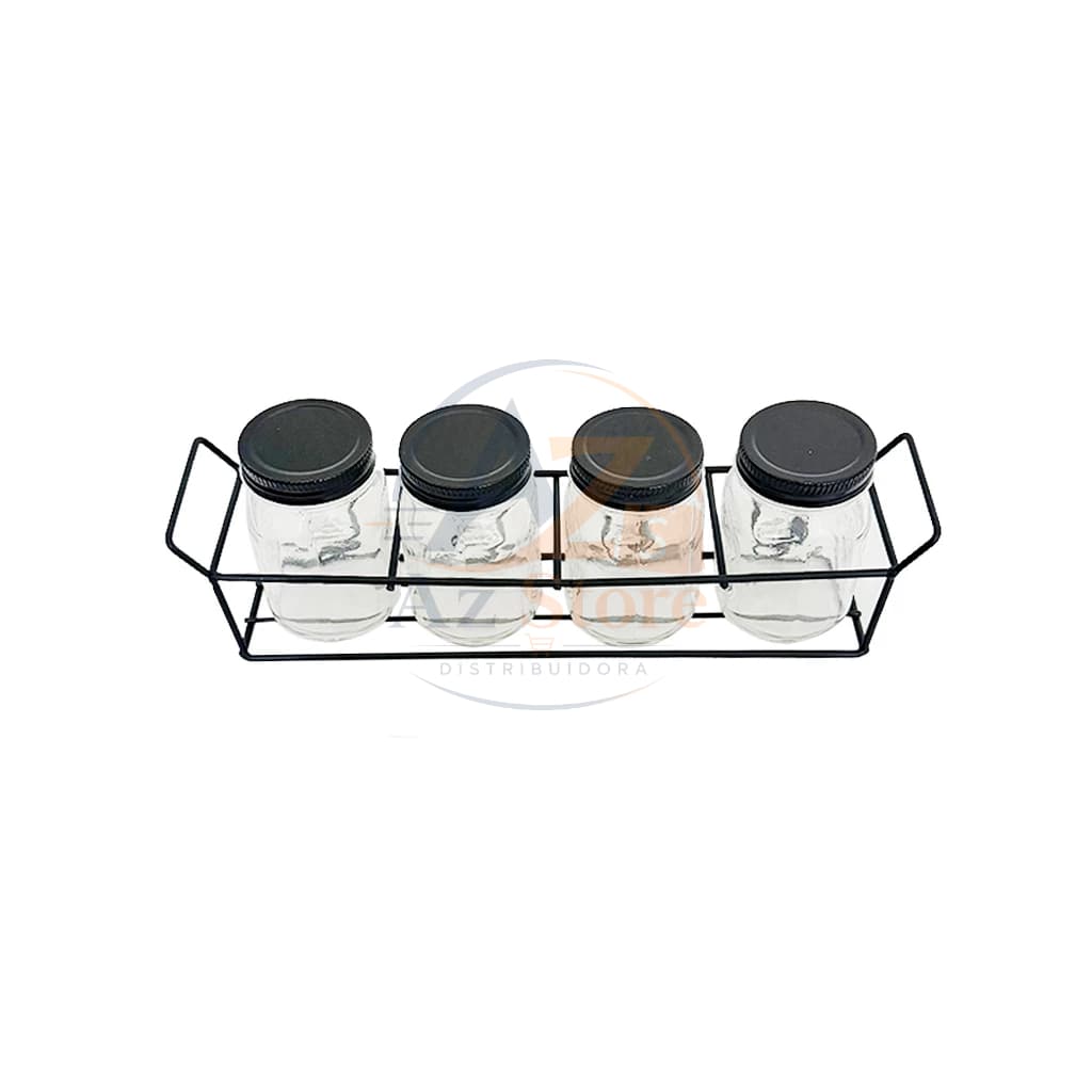 Porta Temperos 4 Potes de Vidro com Suporte Metálico e Alças Organizador de Temperos Home Land