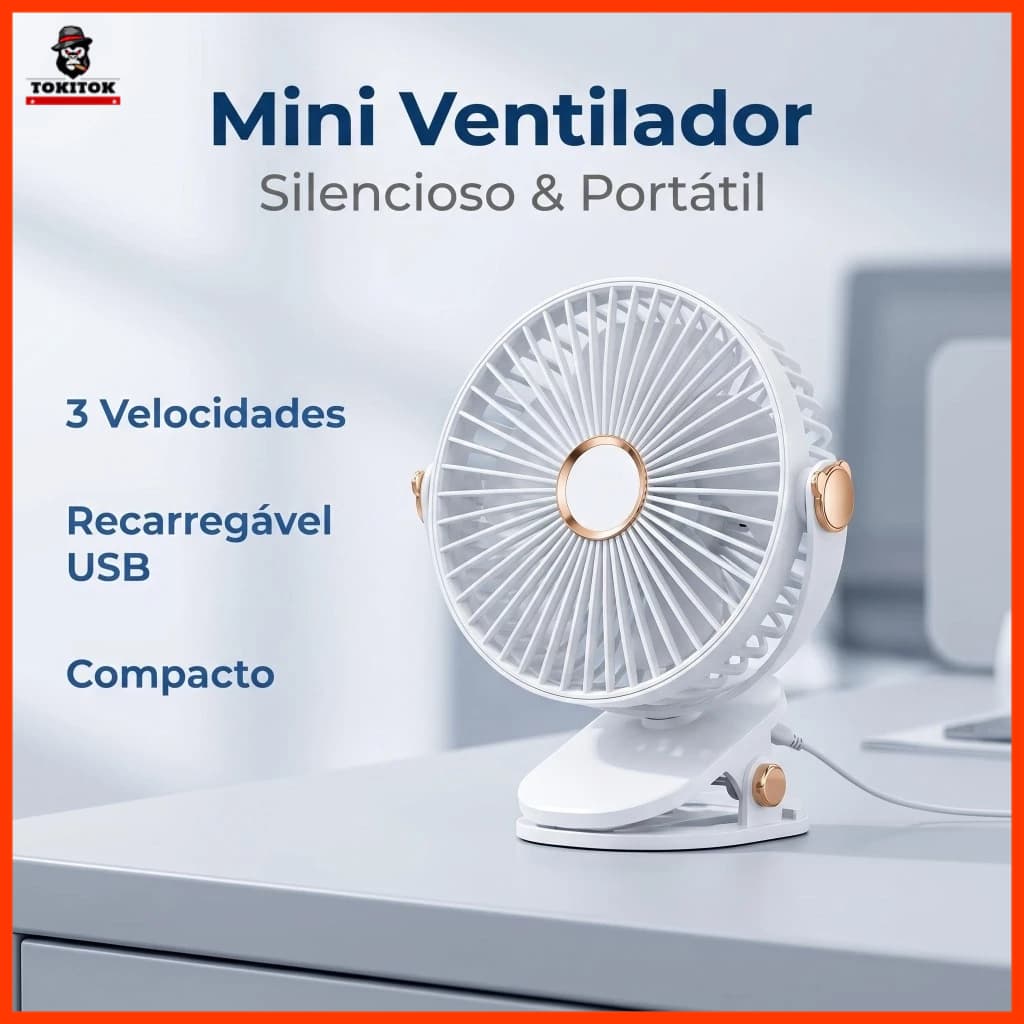 Mini Ventilador Portátil Recarregável USB 3 Velocidades Silencioso para Mesa Quarto Escritório