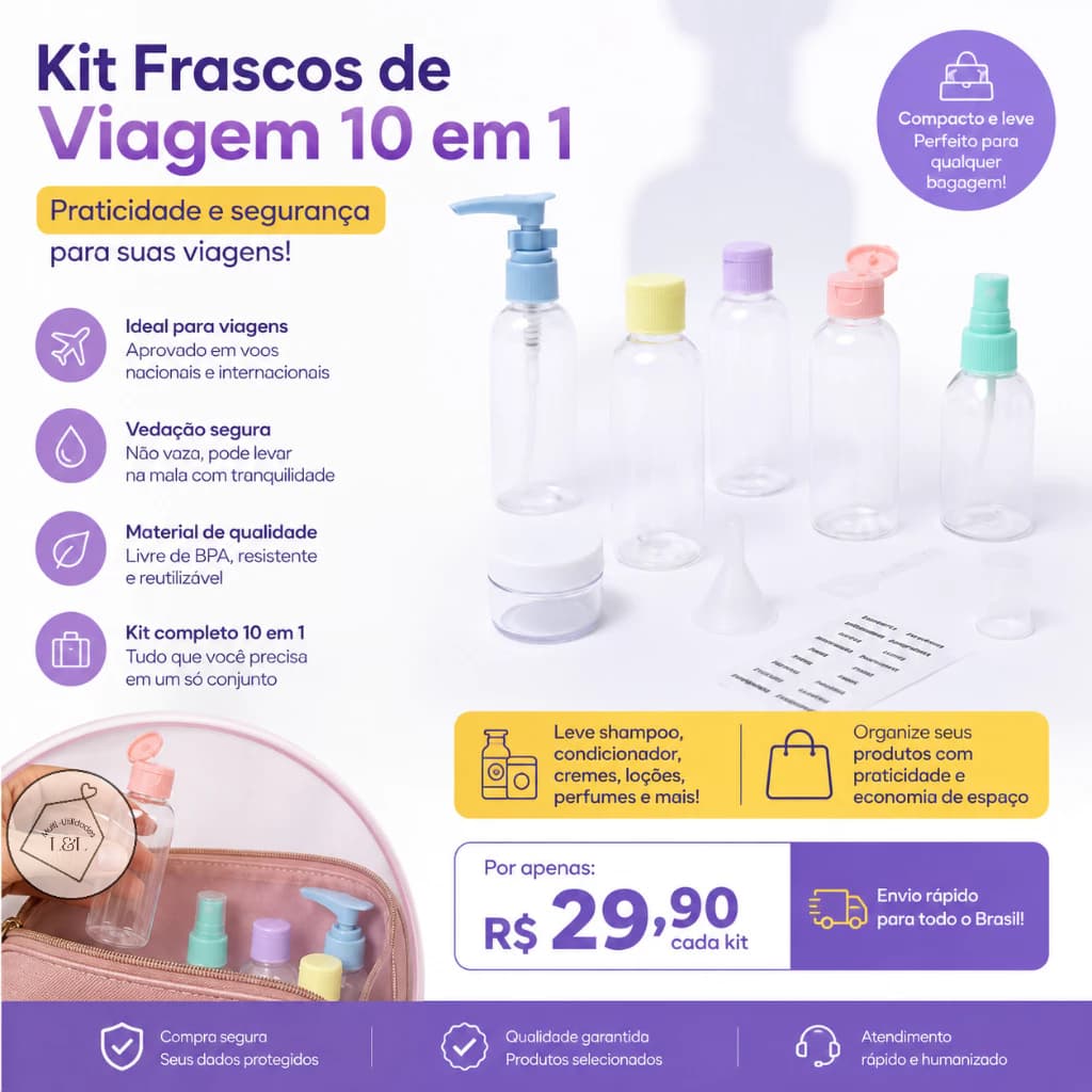 Kit Frascos de Viagem 10 em 1 Reutilizável Portátil para Shampoo Creme Perfume