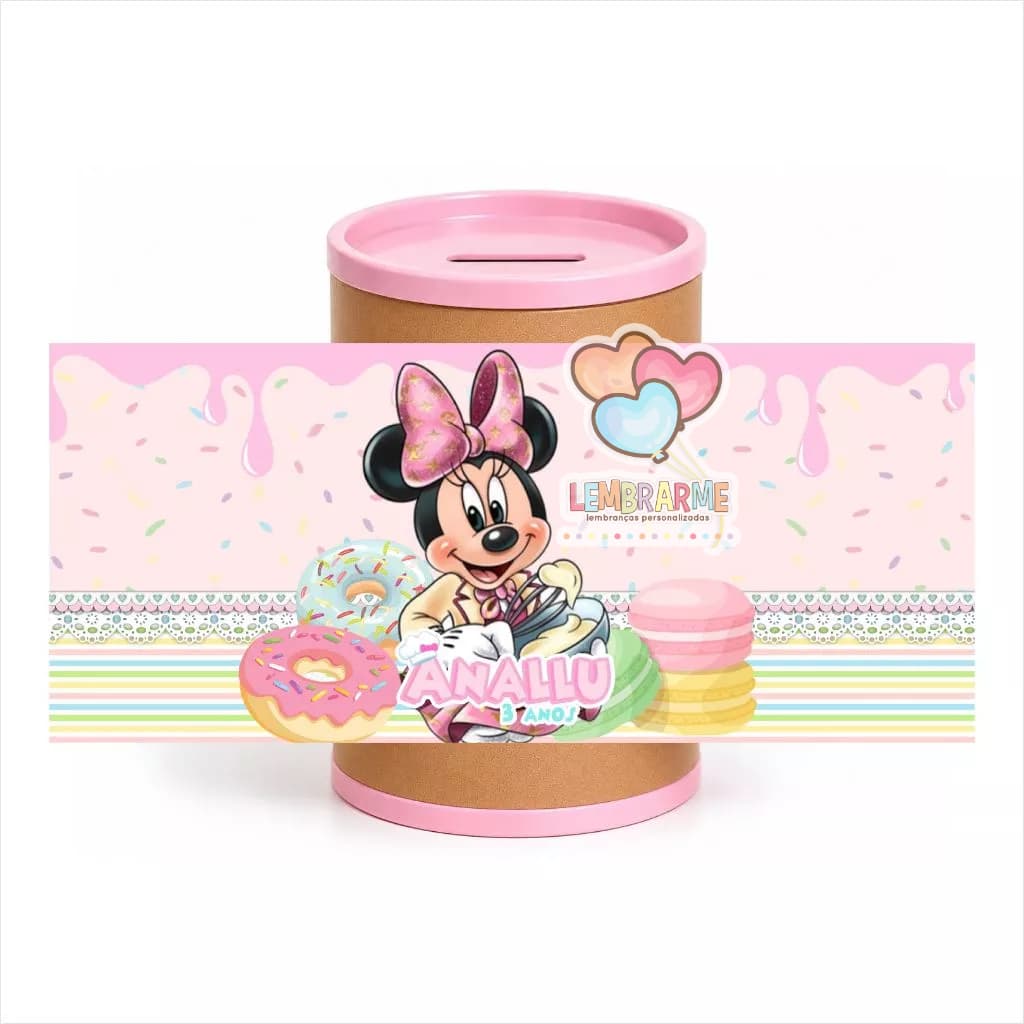 Kit Rótulo Cofrinho Personalizado Minnie Confeiteira para Lembrancinha de Aniversário