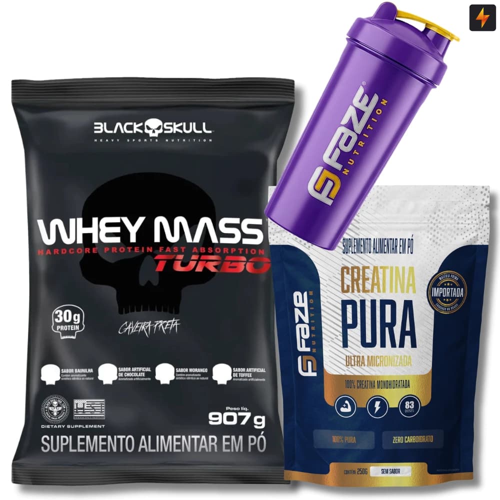 Kit Whey Black Skull Turbo 907g Refil + Creatina Pura 250g Faze Nutrition + Coqueteleira