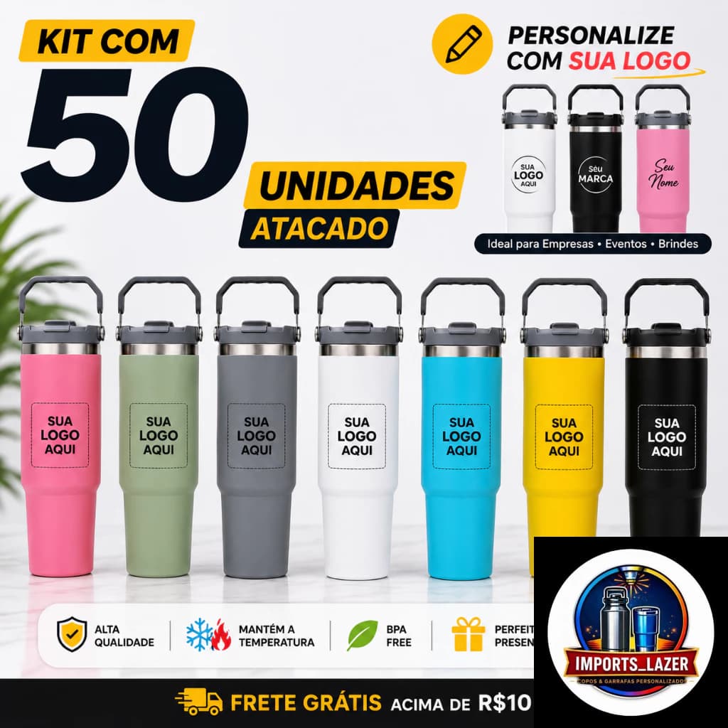 Kit 50 Garrafa Térmica 900ml Inox com Isolamento Térmico e Canudo Flip personalização brinde eventos festas corporativo