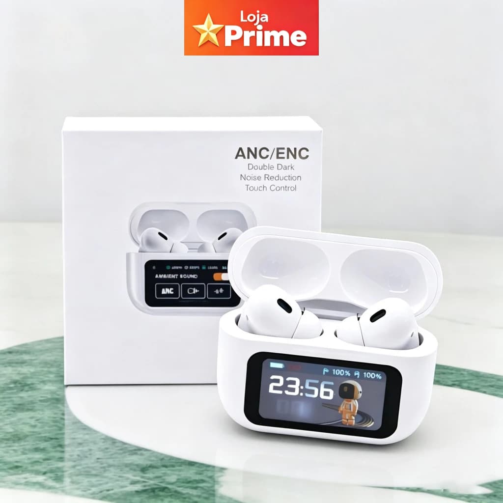 Fone de Ouvido TWS A9 Pro Bluetooth com Tela Touch no Estojo, ANC Cancelamento de Ruído, Modo Som Ambiente