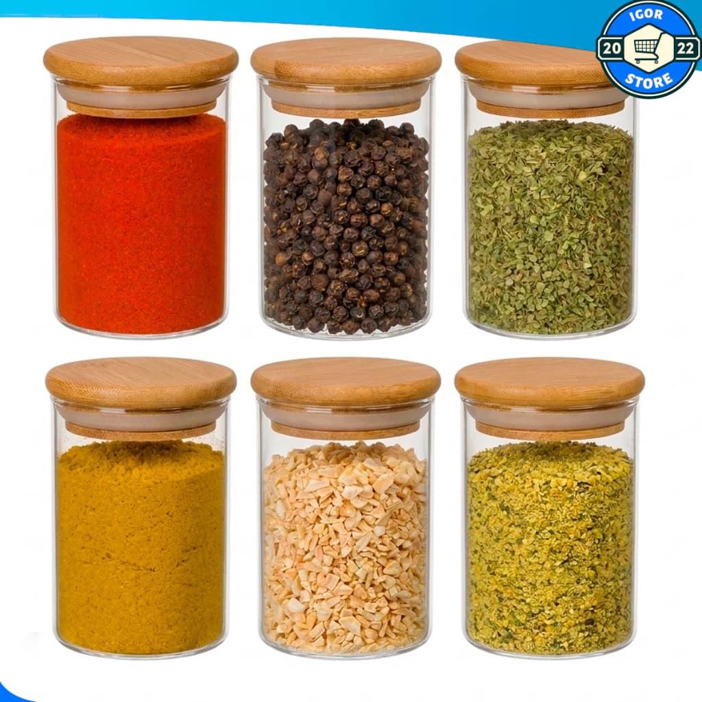 Kits Até 6 Potes Para Tempero Vidro 350ml Hermético Tampa de Bambu Transparente