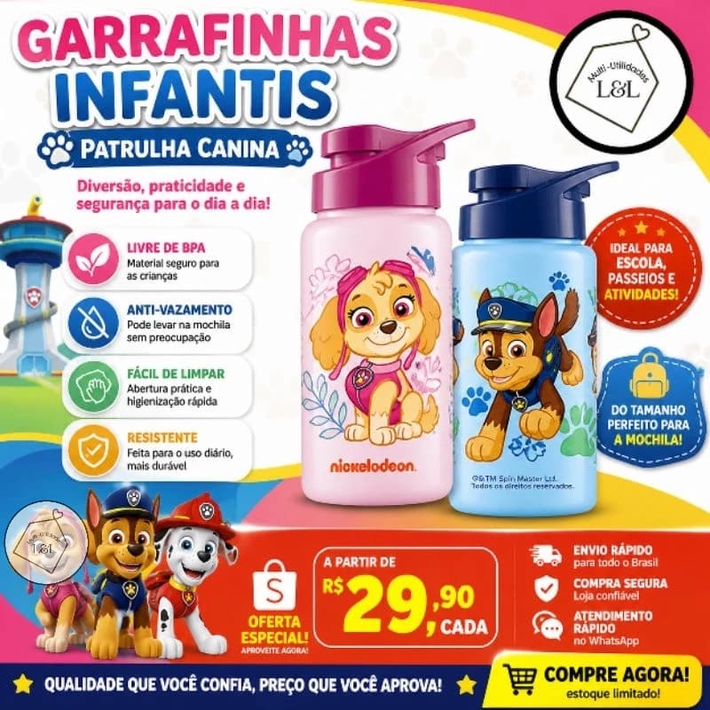 Kit Infantil Patrulha Canina 3 Peças Garrafinha + Potes | BPA Free | Anti Vazamento | Lancheira Escolar Criança