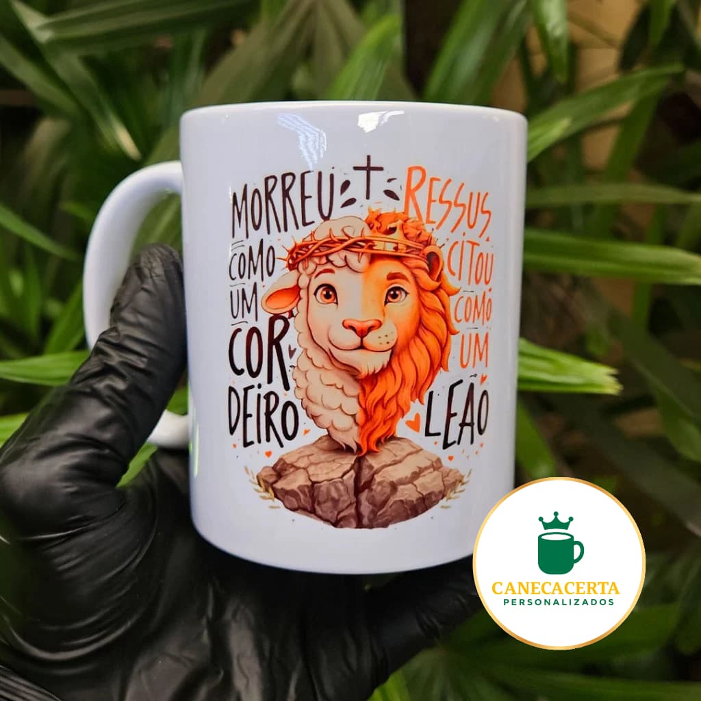 Caneca Cristã Cordeiro E Leão Ressuscitou Presente Gospel Evangélico Porcelana Ceramica 325ml