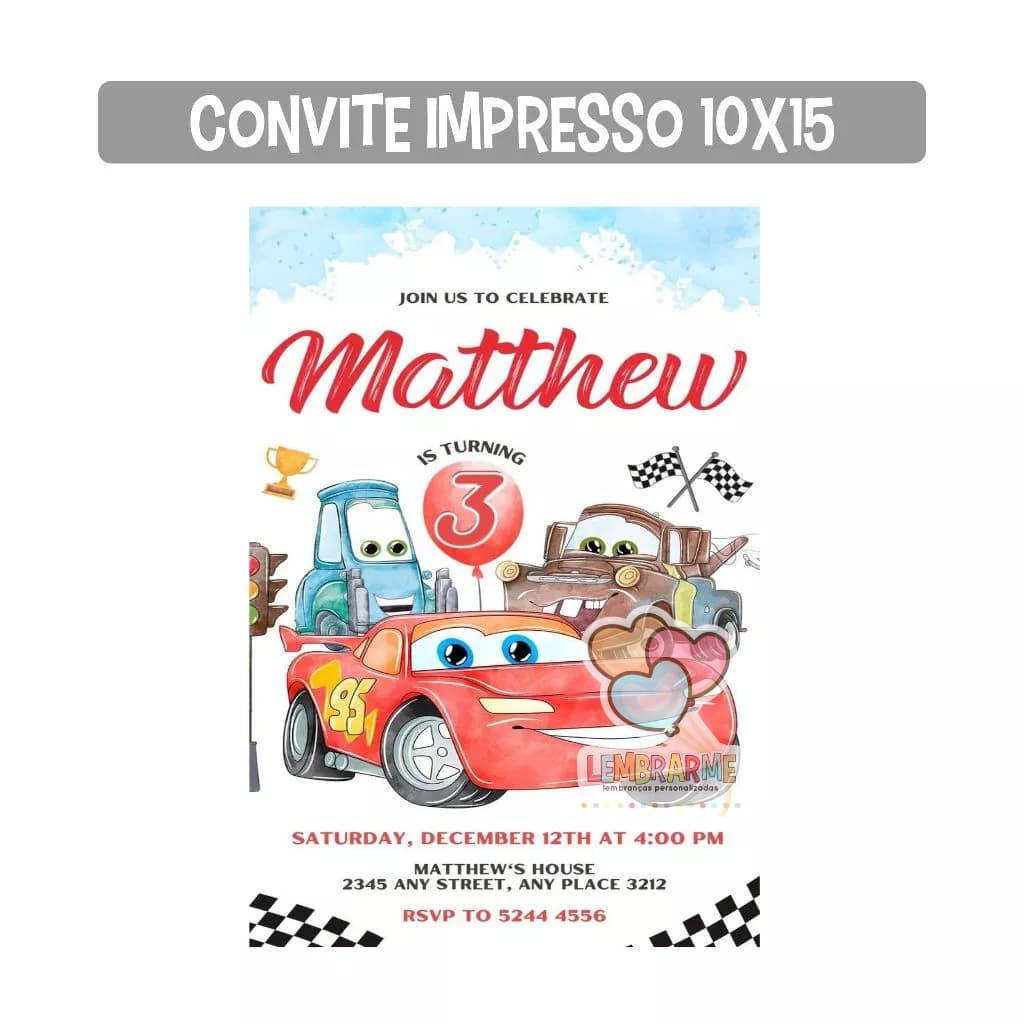 Convite Impresso 10x15 Personalizado Tema Carros - FAZEMOS EM QUALQUER TEMA