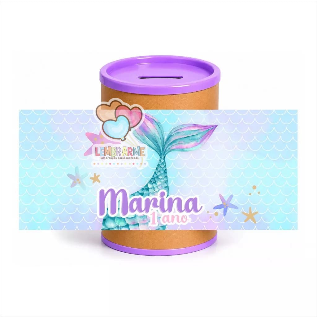 Kit Rótulo Cofrinho Personalizado Sereia para Lembrancinha de Aniversário