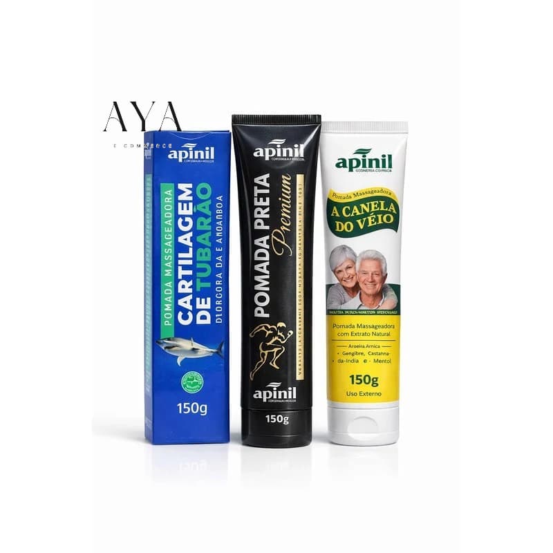Kit 3un Pomada Massageadora 150g Cartilagem de Tubarão + Pomada Preta + Canela de Velho - Apinil