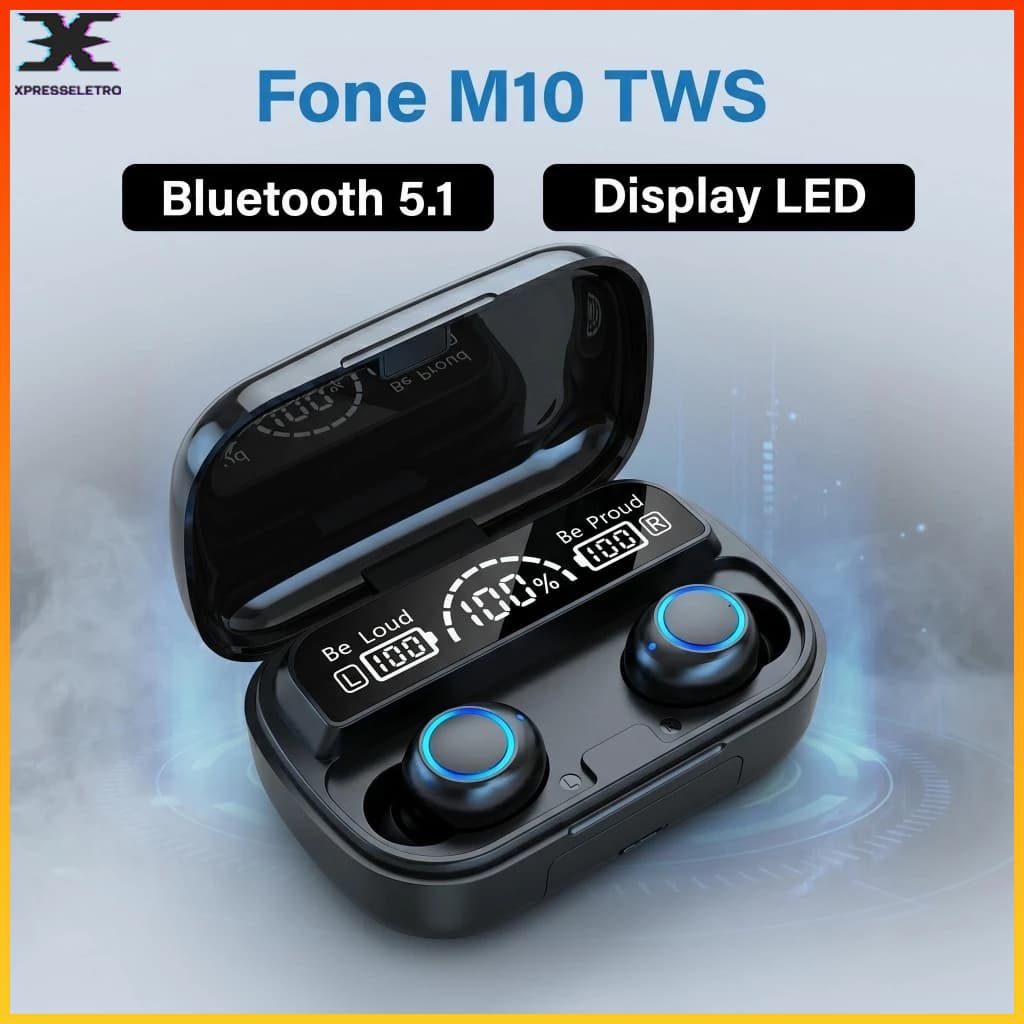 Fone de Ouvido Bluetooth 5.1 TWS Sem Fio M10 Com Display LED Touch Redução de Ruído Resistente à Água