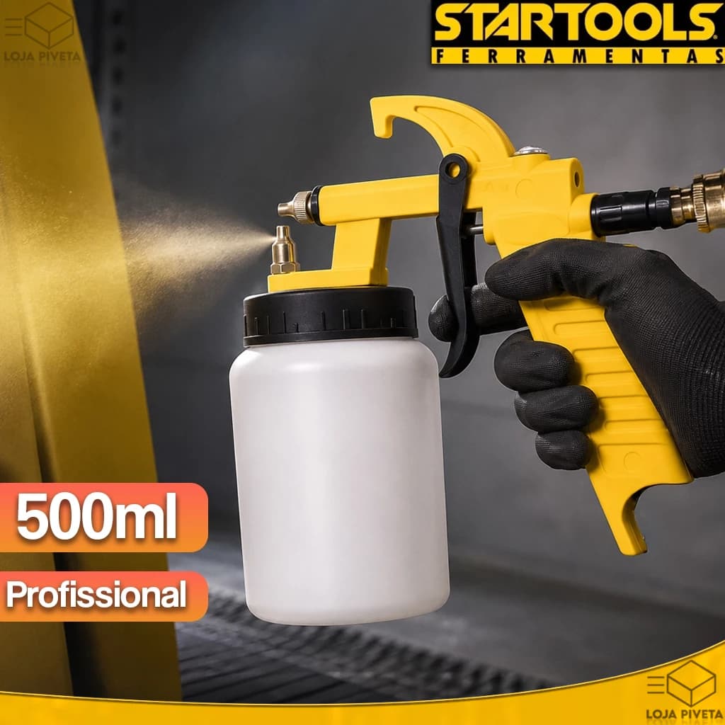 Pistola de Pintura Ar Direto Pneumática Startools Com Reservatório 500ml Pulverizador Profissional