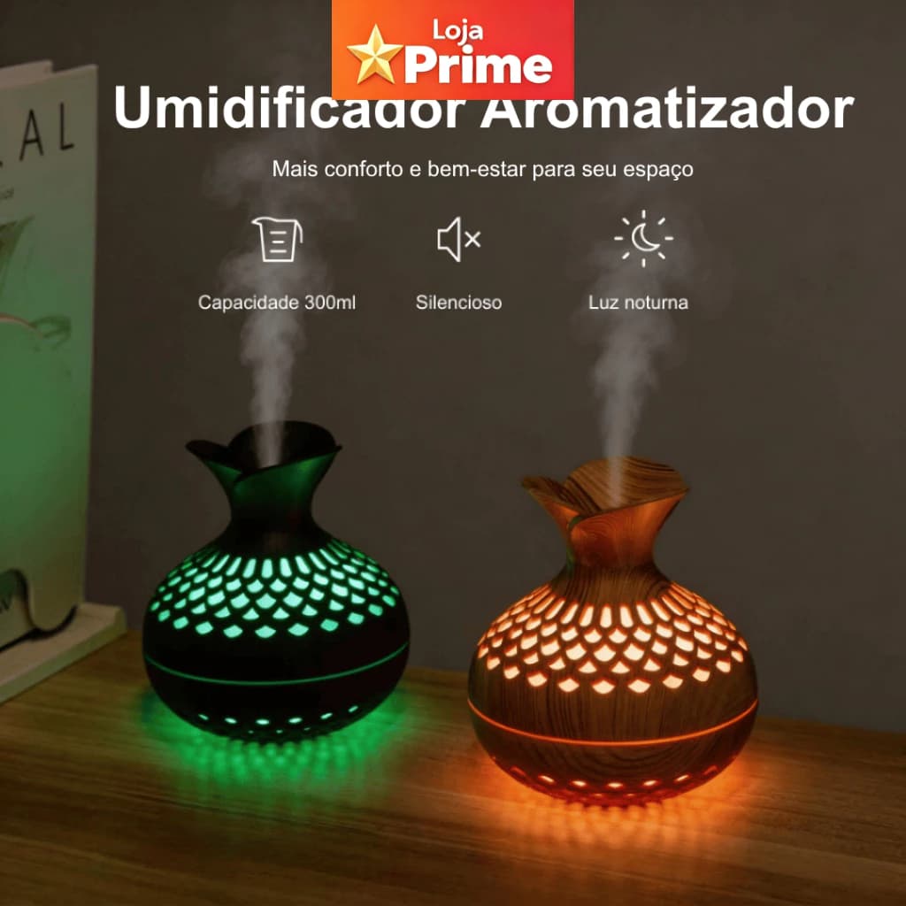 Humidificador de aroma com luz colorida USB de 300 ml, adequado para ambientes internos