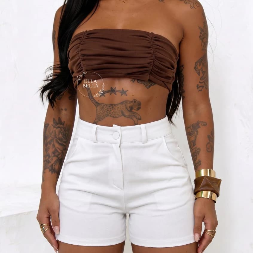 Short Feminino Estilo Alfaiataria Tecido em Neoprene Cintura Alta com Botão Verão em Promoção