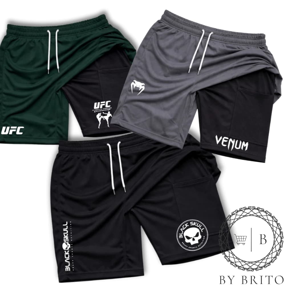 Kit 3 Bermuda Compressão Shorts Com Elastano Black/UFC02/VNM Dry Fit Confortavel Treino Esportes